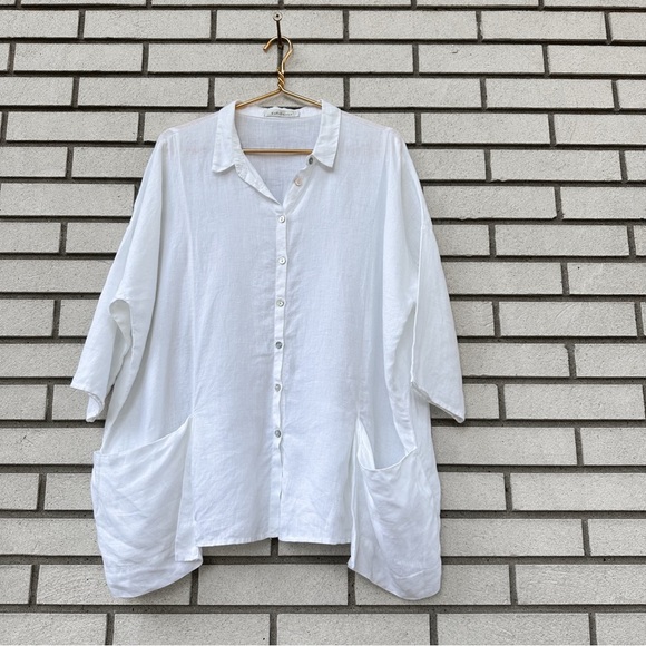 Cut Loose White Linen Oversized Button Front Shirt Top 3/4 Sleeve Made in USA L - Picture 2 of 12